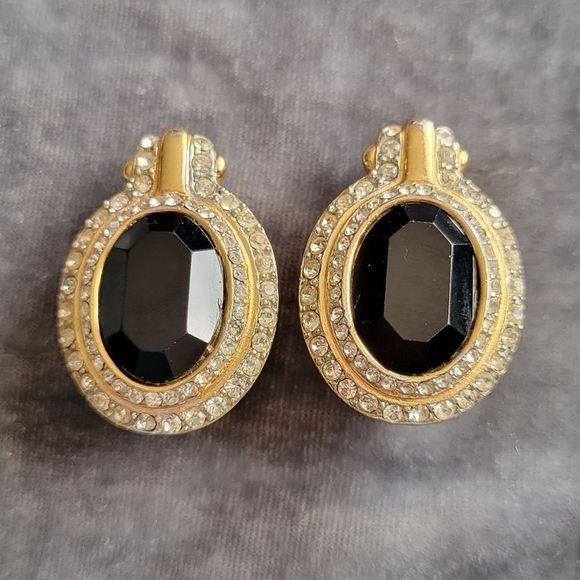 Givenchy Vintage Earrings Clip-on Goldtone With Black + White Crystals - Picture 1 of 14